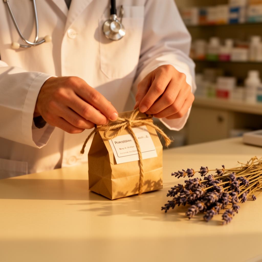 A pharmacist tying twine around a small paper prescription bag