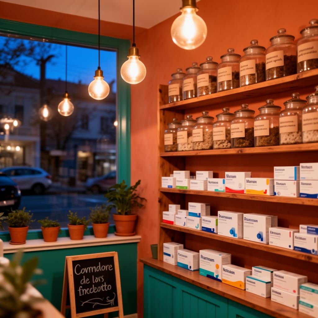 The warm interior of People's Pharmacy with apothecary jars and pendant lighting